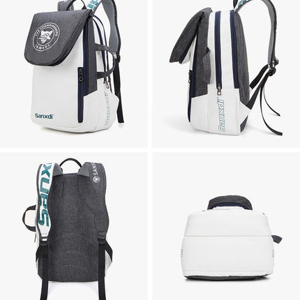 Grey and White Multifunctional Tennis & Badminton Backpack - Waterproof Racket Bag with Shoe Compartment.