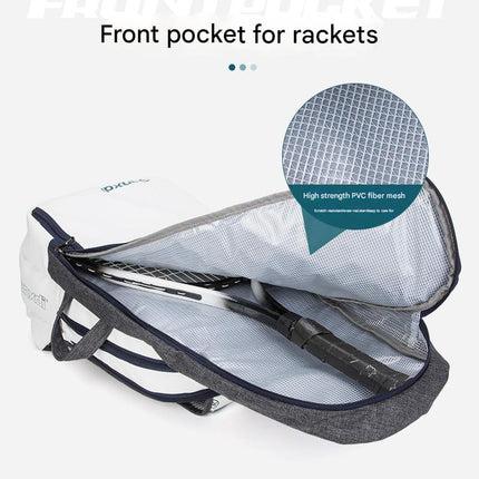 Grey and White Multifunctional Tennis & Badminton Backpack - Waterproof Racket Bag with Shoe Compartment.