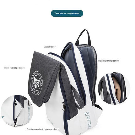 Grey and White Multifunctional Tennis & Badminton Backpack - Waterproof Racket Bag with Shoe Compartment.