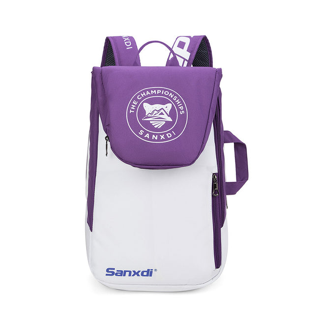 Purple and White Multifunctional Tennis & Badminton Backpack - Waterproof Racket Bag with Shoe Compartment.