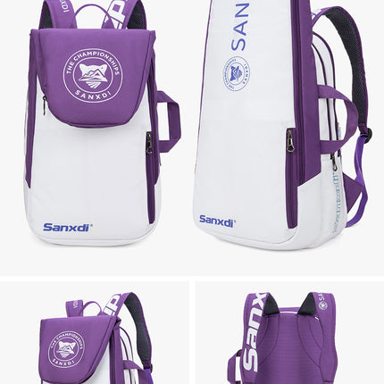 Purple and White Multifunctional Tennis & Badminton Backpack - Waterproof Racket Bag with Shoe Compartment.
