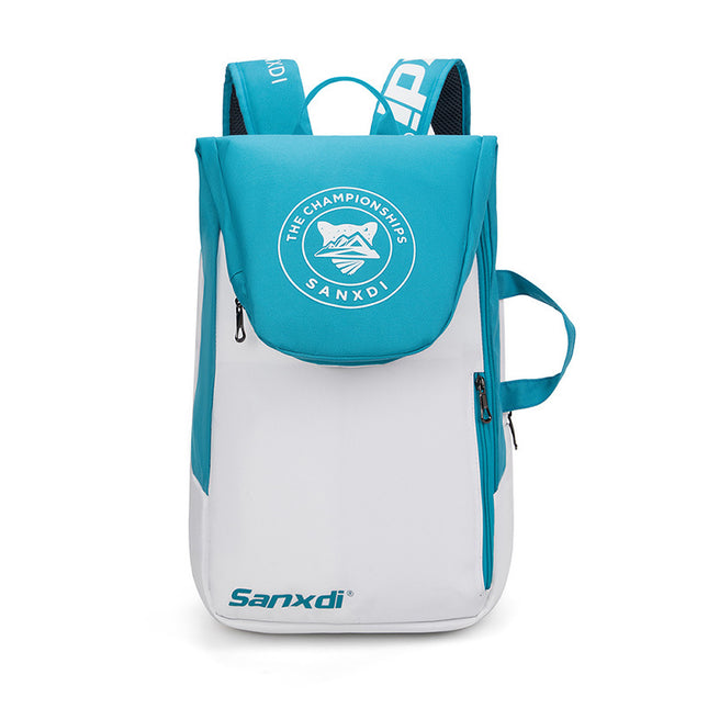 Blue and White Multifunctional Tennis & Badminton Backpack - Waterproof Racket Bag with Shoe Compartment.