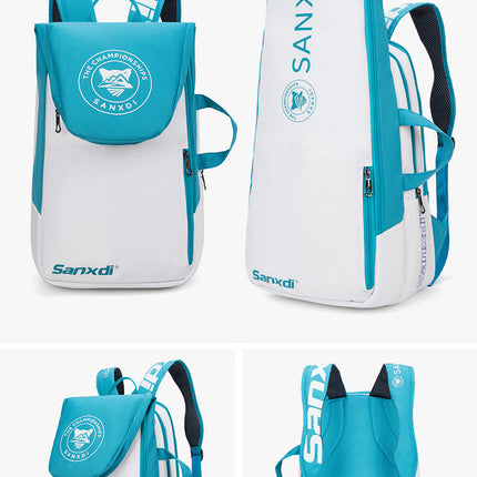 Blue and White Multifunctional Tennis & Badminton Backpack - Waterproof Racket Bag with Shoe Compartment.
