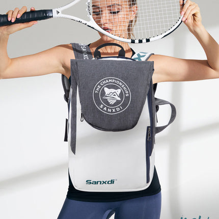 Blue and White Multifunctional Tennis & Badminton Backpack - Waterproof Racket Bag with Shoe Compartment.