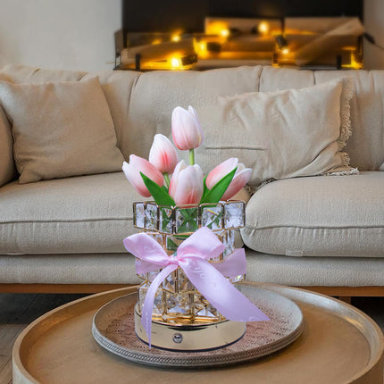 Pink Elegant Crystal Tulip LED Night Light - Rechargeable Touch Lamp with 3 Colors & Dimming.