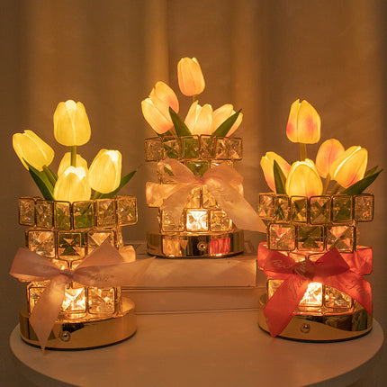Pink Elegant Crystal Tulip LED Night Light - Rechargeable Touch Lamp with 3 Colors & Dimming.