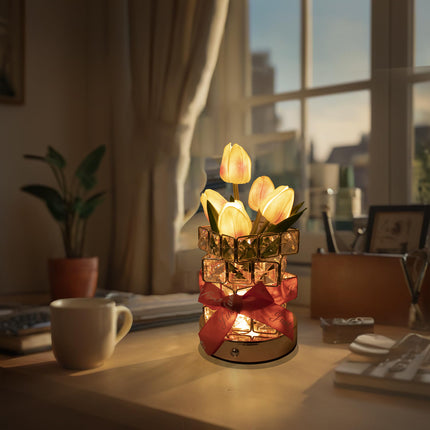 Pink Elegant Crystal Tulip LED Night Light - Rechargeable Touch Lamp with 3 Colors & Dimming.