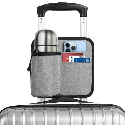 2 Pcs Grey Hands-Free Luggage Handle Travel Cup Holder & Organizer Pouch.