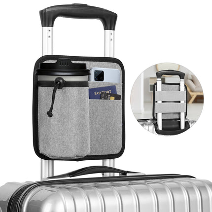 2 Pcs Grey Hands-Free Luggage Handle Travel Cup Holder & Organizer Pouch.