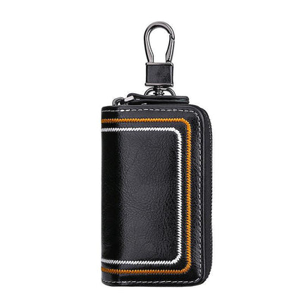 Black Premium Genuine Leather Double Zipper Key Case - Car & House Key Organizer Pouch.