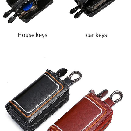 Black Premium Genuine Leather Double Zipper Key Case - Car & House Key Organizer Pouch.