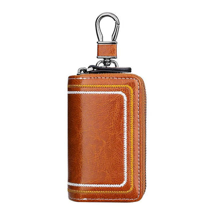 Brown Premium Genuine Leather Double Zipper Key Case - Car & House Key Organizer Pouch.