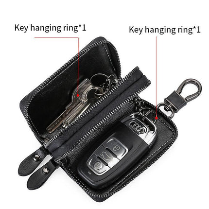Brown Premium Genuine Leather Double Zipper Key Case - Car & House Key Organizer Pouch.