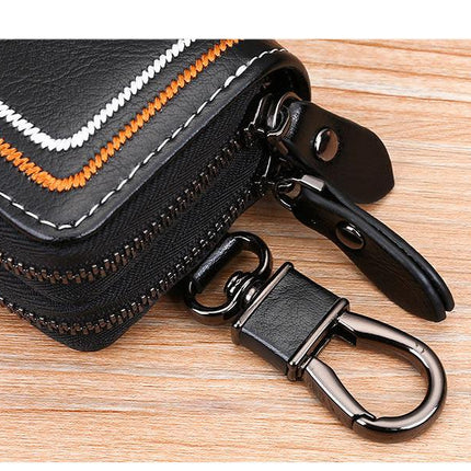 Brown Premium Genuine Leather Double Zipper Key Case - Car & House Key Organizer Pouch.