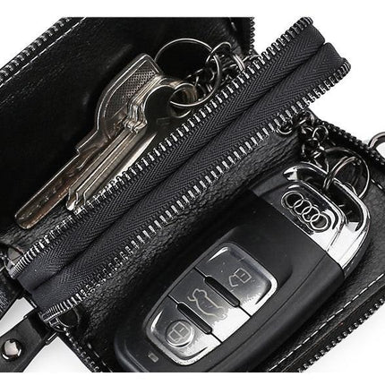 Brown Premium Genuine Leather Double Zipper Key Case - Car & House Key Organizer Pouch.