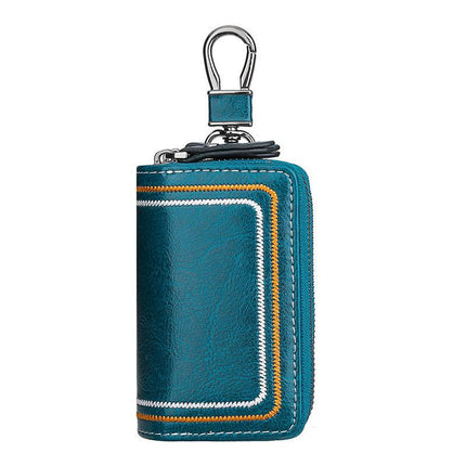 Blue Premium Genuine Leather Double Zipper Key Case - Car & House Key Organizer Pouch.