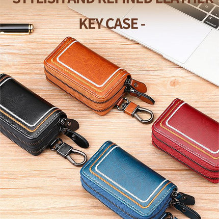 Blue Premium Genuine Leather Double Zipper Key Case - Car & House Key Organizer Pouch.