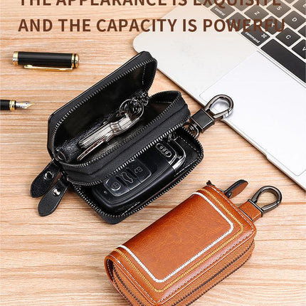 Blue Premium Genuine Leather Double Zipper Key Case - Car & House Key Organizer Pouch.