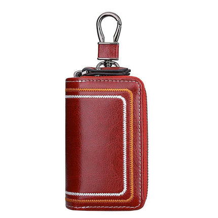 Red Premium Genuine Leather Double Zipper Key Case - Car & House Key Organizer Pouch.