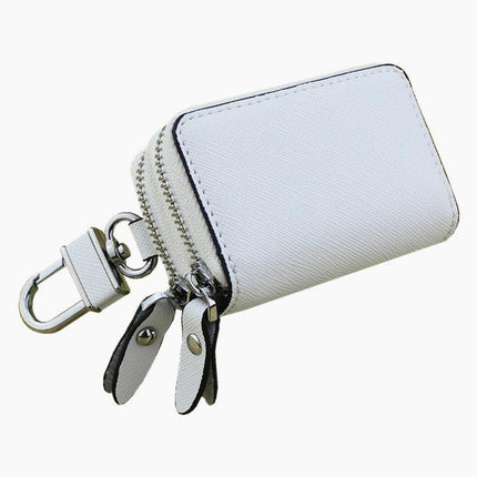 White Compact Crossgrain Leather Double Zipper Key Case - Stylish Car & Home Key Organizer.
