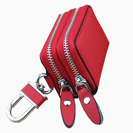 Red Compact Crossgrain Leather Double Zipper Key Case - Stylish Car & Home Key Organizer.