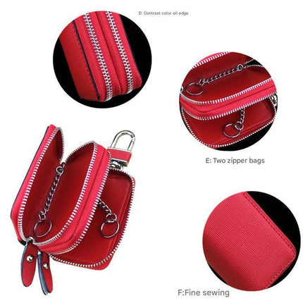 Red Compact Crossgrain Leather Double Zipper Key Case - Stylish Car & Home Key Organizer.