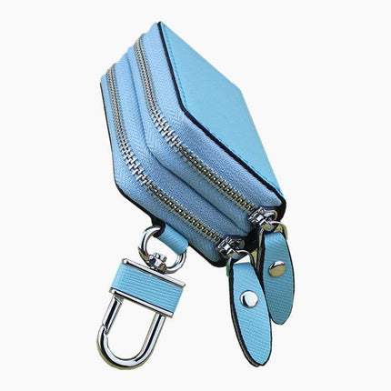 Blue Compact Crossgrain Leather Double Zipper Key Case - Stylish Car & Home Key Organizer.