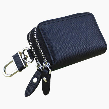 Dark Blue Compact Crossgrain Leather Double Zipper Key Case - Stylish Car & Home Key Organizer.