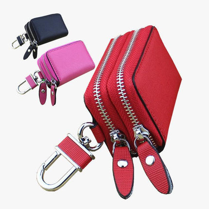 Dark Blue Compact Crossgrain Leather Double Zipper Key Case - Stylish Car & Home Key Organizer.