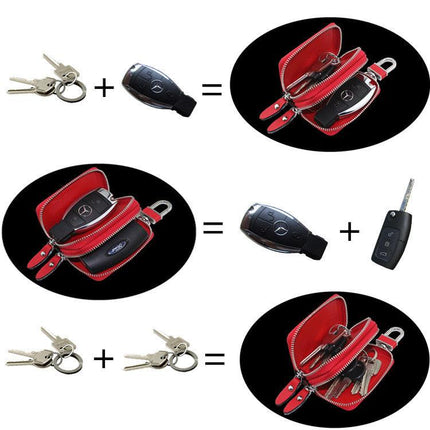 Dark Blue Compact Crossgrain Leather Double Zipper Key Case - Stylish Car & Home Key Organizer.