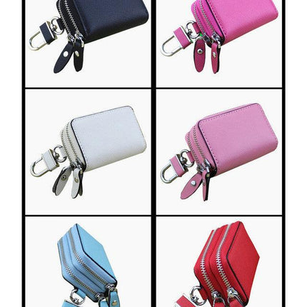 Dark Blue Compact Crossgrain Leather Double Zipper Key Case - Stylish Car & Home Key Organizer.