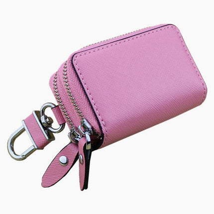 Light Pink Compact Crossgrain Leather Double Zipper Key Case - Stylish Car & Home Key Organizer.