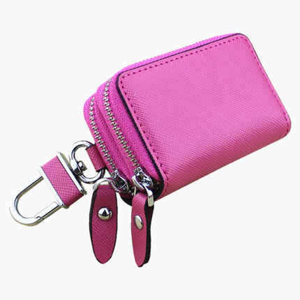 Dark Pink Compact Crossgrain Leather Double Zipper Key Case - Stylish Car & Home Key Organizer.