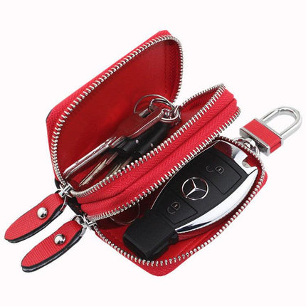 Dark Pink Compact Crossgrain Leather Double Zipper Key Case - Stylish Car & Home Key Organizer.