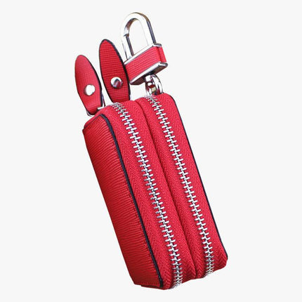 Dark Pink Compact Crossgrain Leather Double Zipper Key Case - Stylish Car & Home Key Organizer.