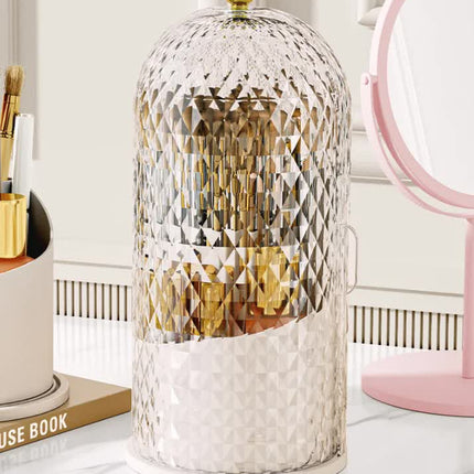 White Elegant 360 Rotating Makeup Brush Holder & Cosmetic Organizer with Dustproof Dome Lid(Makeup is a prop for shooting and is not included).