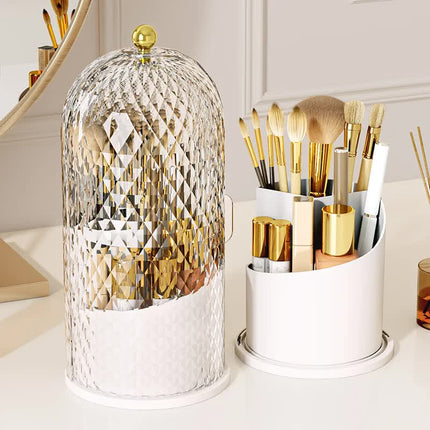 White Elegant 360 Rotating Makeup Brush Holder & Cosmetic Organizer with Dustproof Dome Lid(Makeup is a prop for shooting and is not included).