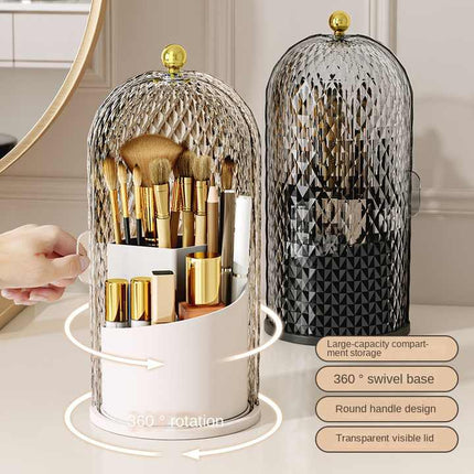 White Elegant 360 Rotating Makeup Brush Holder & Cosmetic Organizer with Dustproof Dome Lid(Makeup is a prop for shooting and is not included).
