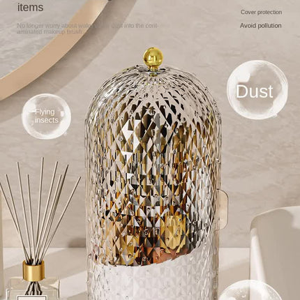 White Elegant 360 Rotating Makeup Brush Holder & Cosmetic Organizer with Dustproof Dome Lid(Makeup is a prop for shooting and is not included).
