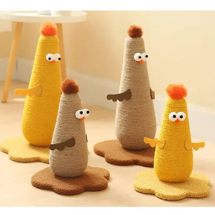 Beige Adorable Chick Cat Scratching Post - Durable Sisal Rope Scratcher Toy for Cats & Kittens.