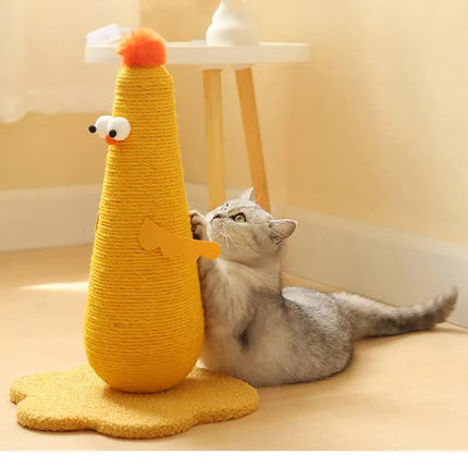 Yellow Adorable Chick Cat Scratching Post - Durable Sisal Rope Scratcher Toy for Cats & Kittens.