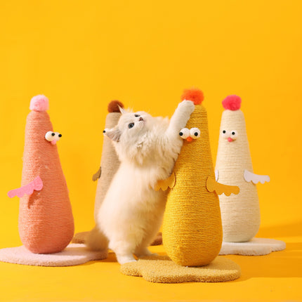 Yellow Adorable Chick Cat Scratching Post - Durable Sisal Rope Scratcher Toy for Cats & Kittens.