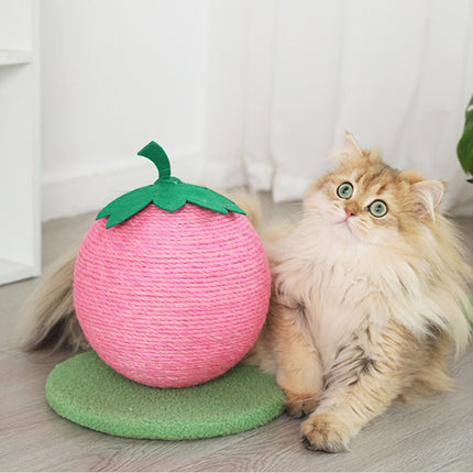 Pink Strawberry And Green Base Fun Fruit Shaped Sisal Cat Scratcher Ball - Durable Scratching Toy with Stable Base.