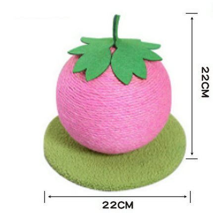 Pink Strawberry And Green Base Fun Fruit Shaped Sisal Cat Scratcher Ball - Durable Scratching Toy with Stable Base.