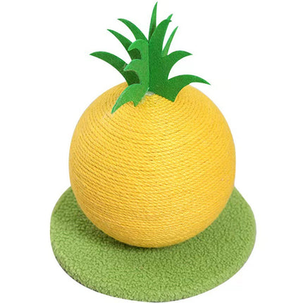 Yellow Pineapple And Green Base Fun Fruit Shaped Sisal Cat Scratcher Ball - Durable Scratching Toy with Stable Base.