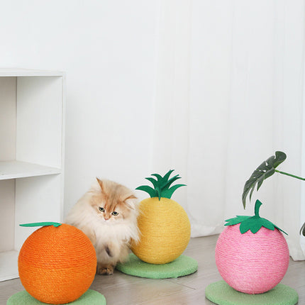Yellow Pineapple And Green Base Fun Fruit Shaped Sisal Cat Scratcher Ball - Durable Scratching Toy with Stable Base.