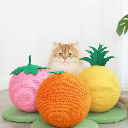 Yellow Pineapple And Green Base Fun Fruit Shaped Sisal Cat Scratcher Ball - Durable Scratching Toy with Stable Base.