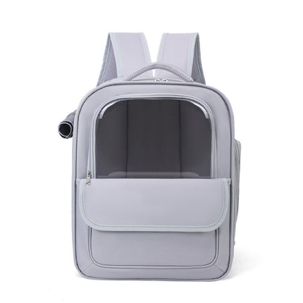 Grey Spacious Pet Carrier Backpack with Clear Window - Comfortable Travel Bag for Cats & Small Dogs.