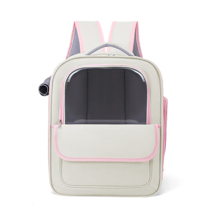 Beige And Pink Spacious Pet Carrier Backpack with Clear Window - Comfortable Travel Bag for Cats & Small Dogs.