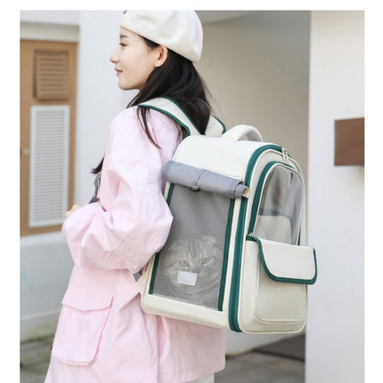 Beige And Pink Spacious Pet Carrier Backpack with Clear Window - Comfortable Travel Bag for Cats & Small Dogs.